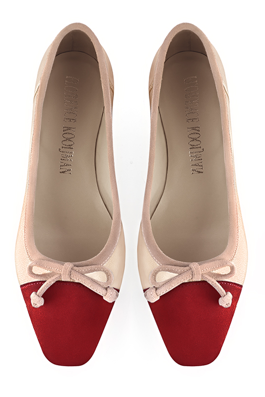Cardinal red, gold and biscuit beige women's ballet pumps, with low heels. Square toe. Flat flare heels. Top view - Florence KOOIJMAN